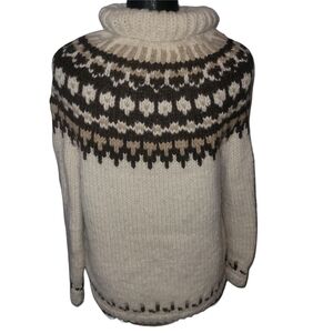 Handmade Heavy Knit Fair Isle Nordic Turtleneck Sweater In Cream and Brown